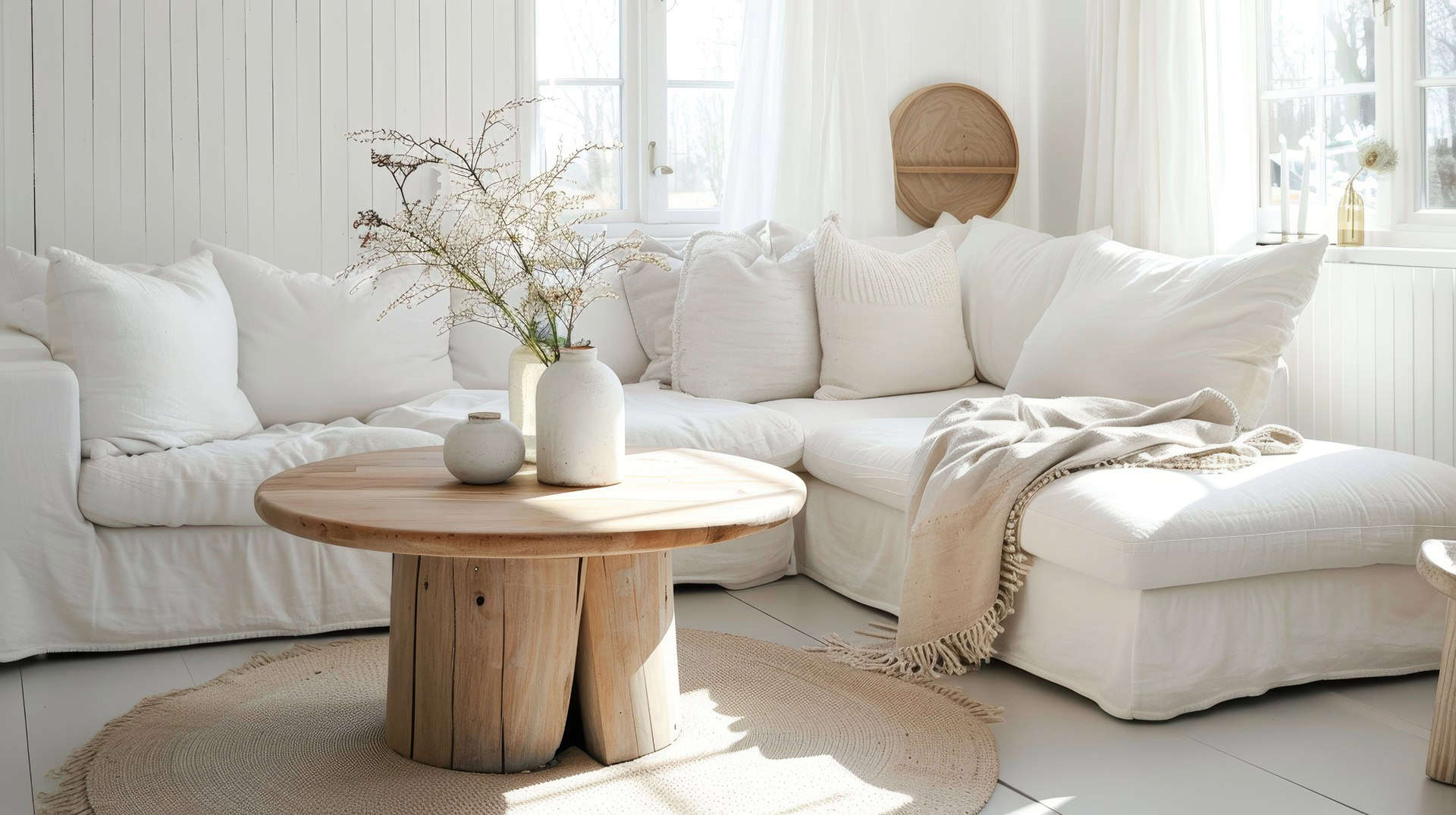 A bright living room featuring a cozy white couch, natural wood table, and soft decor. Perfect for those seeking a serene and minimalistic home environment.