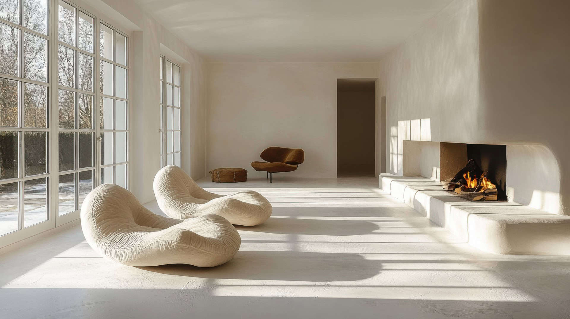 Modern minimalist living room with unique seating and fireplace.